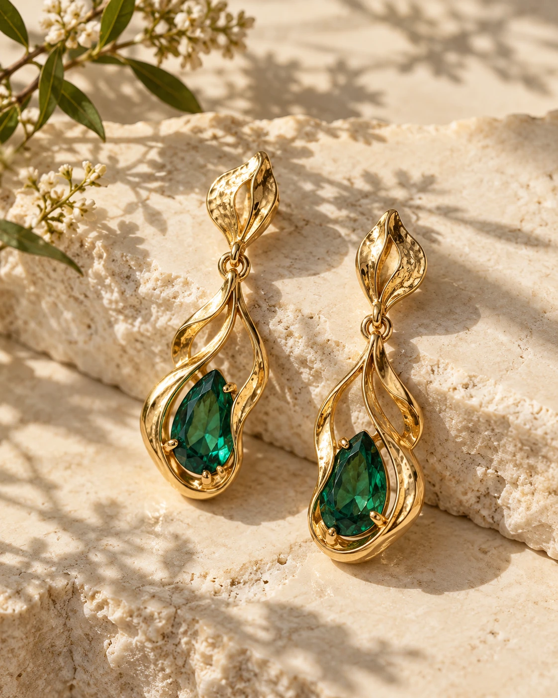 Sculptural gold drop earrings with green gemstone accents on ivory stone