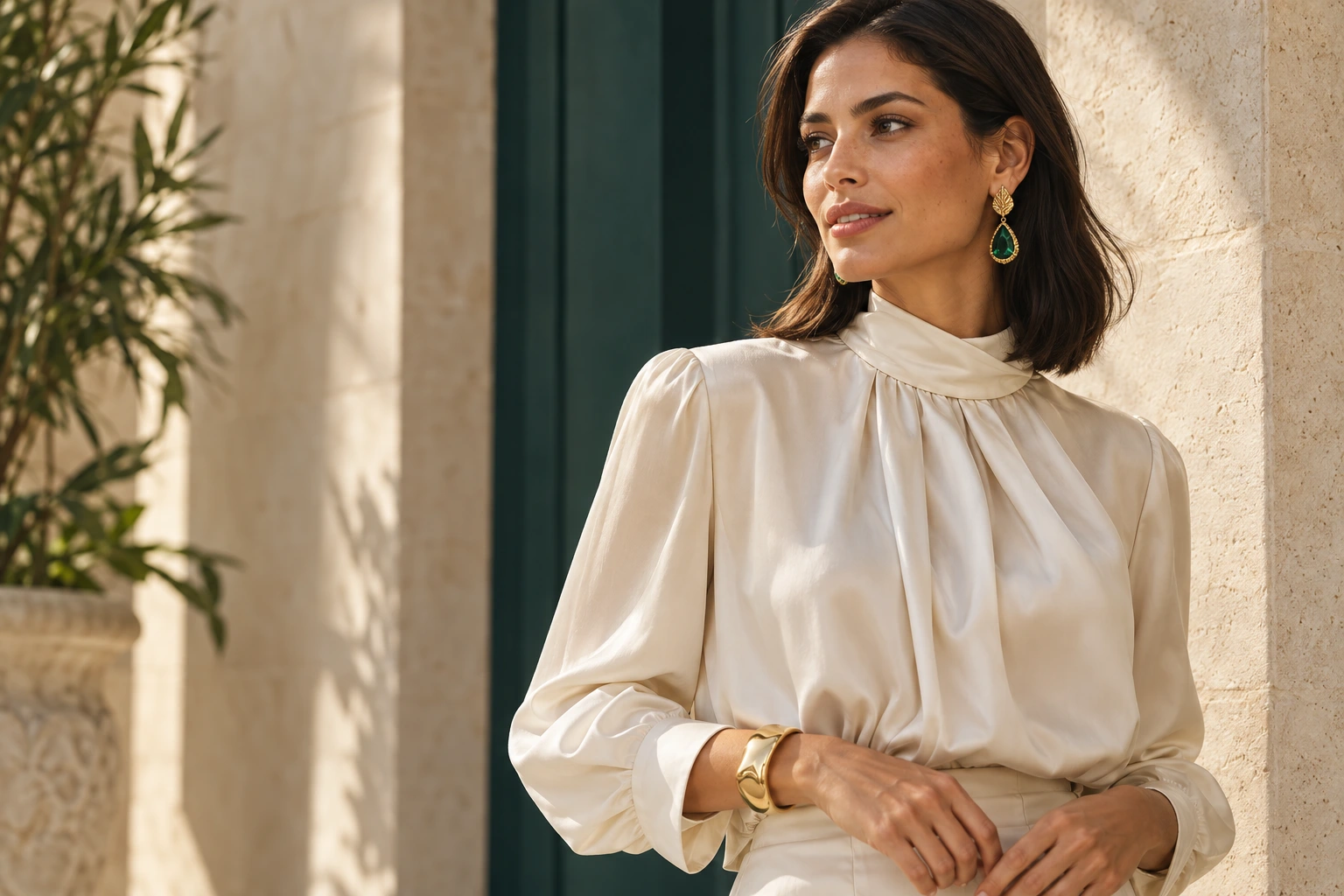 A woman in an ivory silk blouse wearing emerald-green drop earrings and a sculptural gold cuff