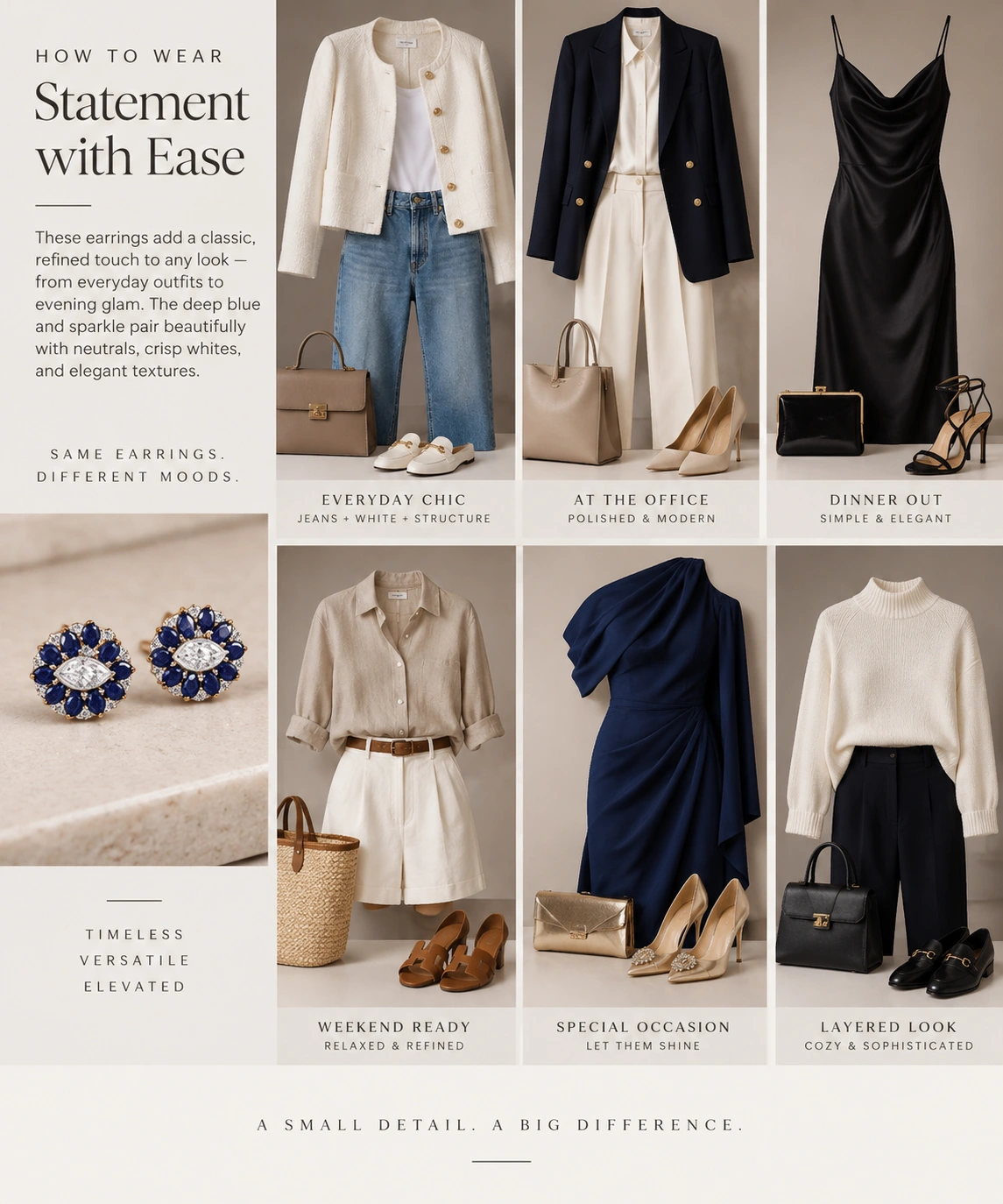 Six styling ideas for blue statement earrings: everyday chic, office, dinner, weekend, special occasion, and a layered look