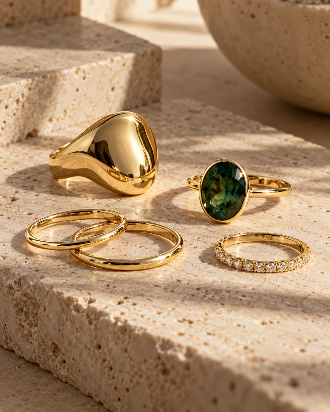 Several sculptural gold and gemstone rings on ivory stone