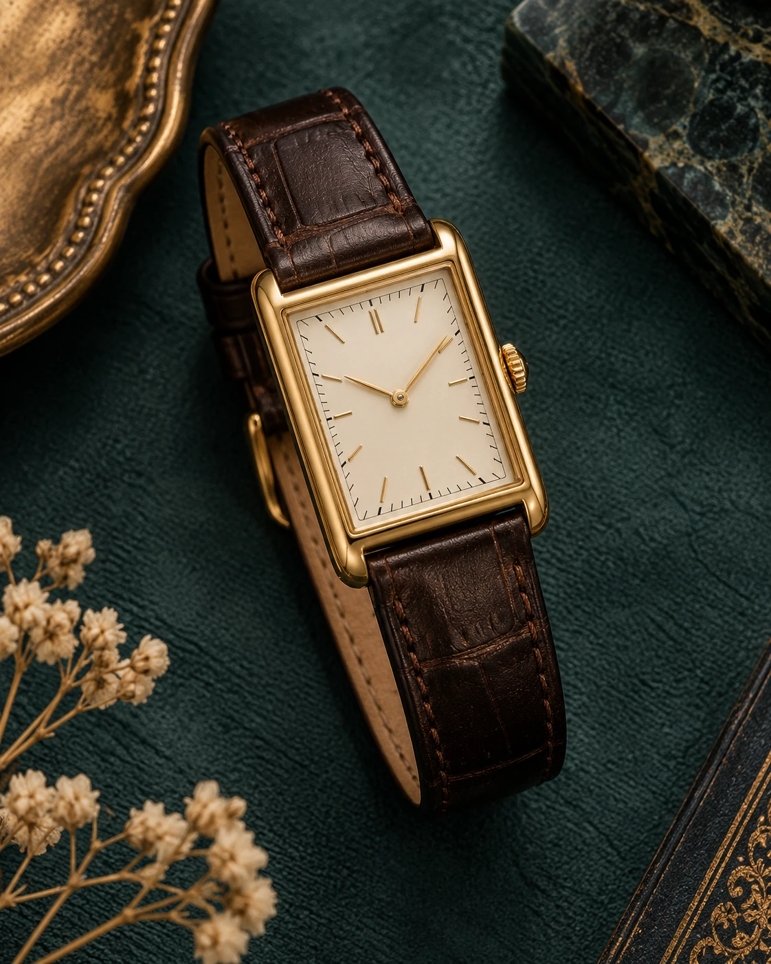 A vintage-inspired gold watch on a deep teal surface